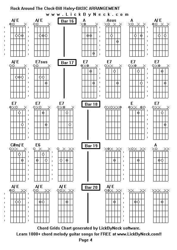 Chord Grids Chart of chord melody fingerstyle guitar song-Rock Around The Clock-Bill Haley-BASIC ARRANGEMENT,generated by LickByNeck software.